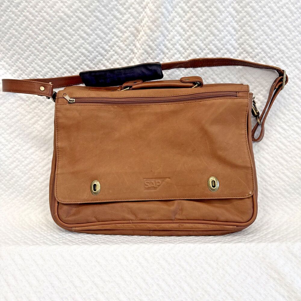 Vintage Tan Brown Leather SAP Laptop Briefcase Portfolio